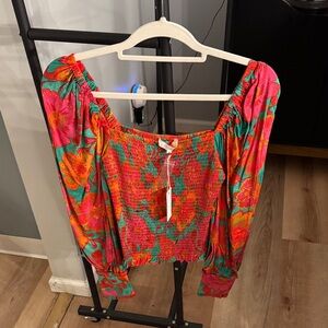 Vibrant Floral Smocked Blouse with Puff Sleeves